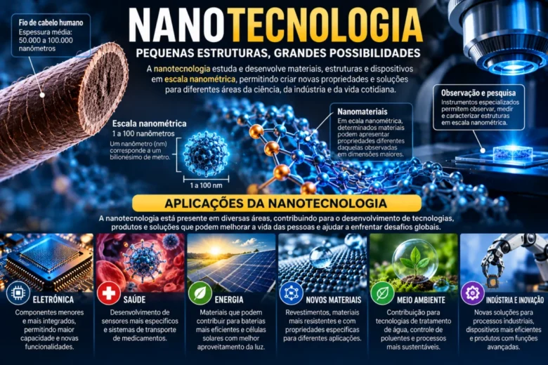 A nanotecnologia estuda e desenvolve materiais, estruturas e dispositivos em escala nanométrica, geralmente entre 1 e 100 nanômetros.